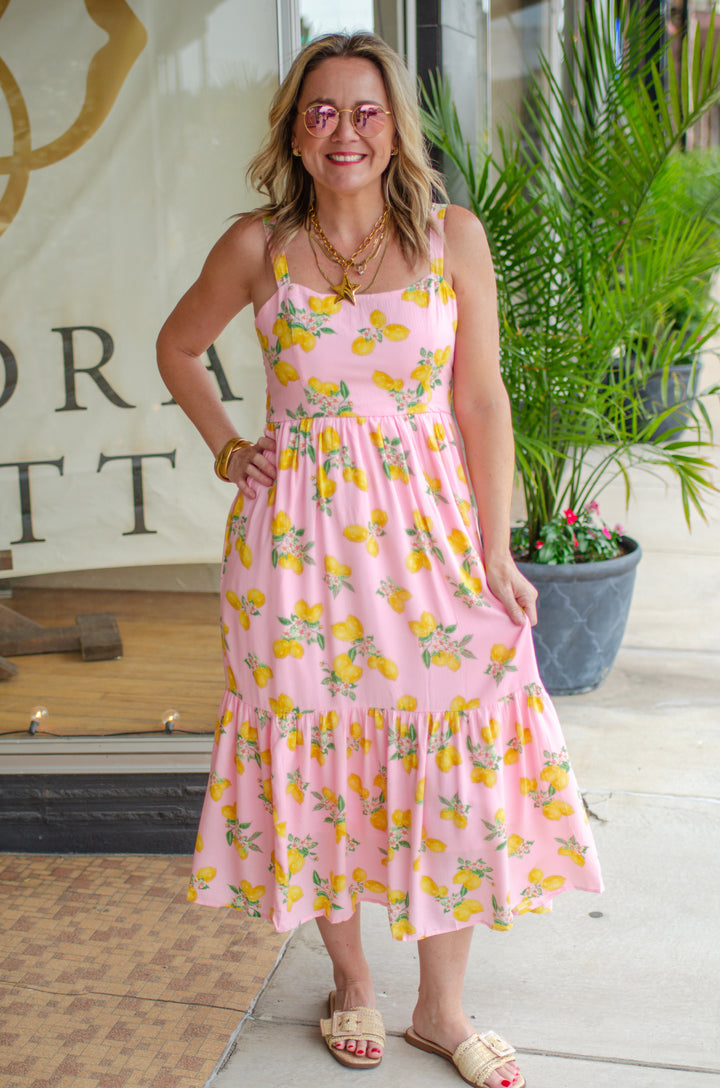 Amalfi Vibes Lemon Printed Tiered Maxi Dress in Pink