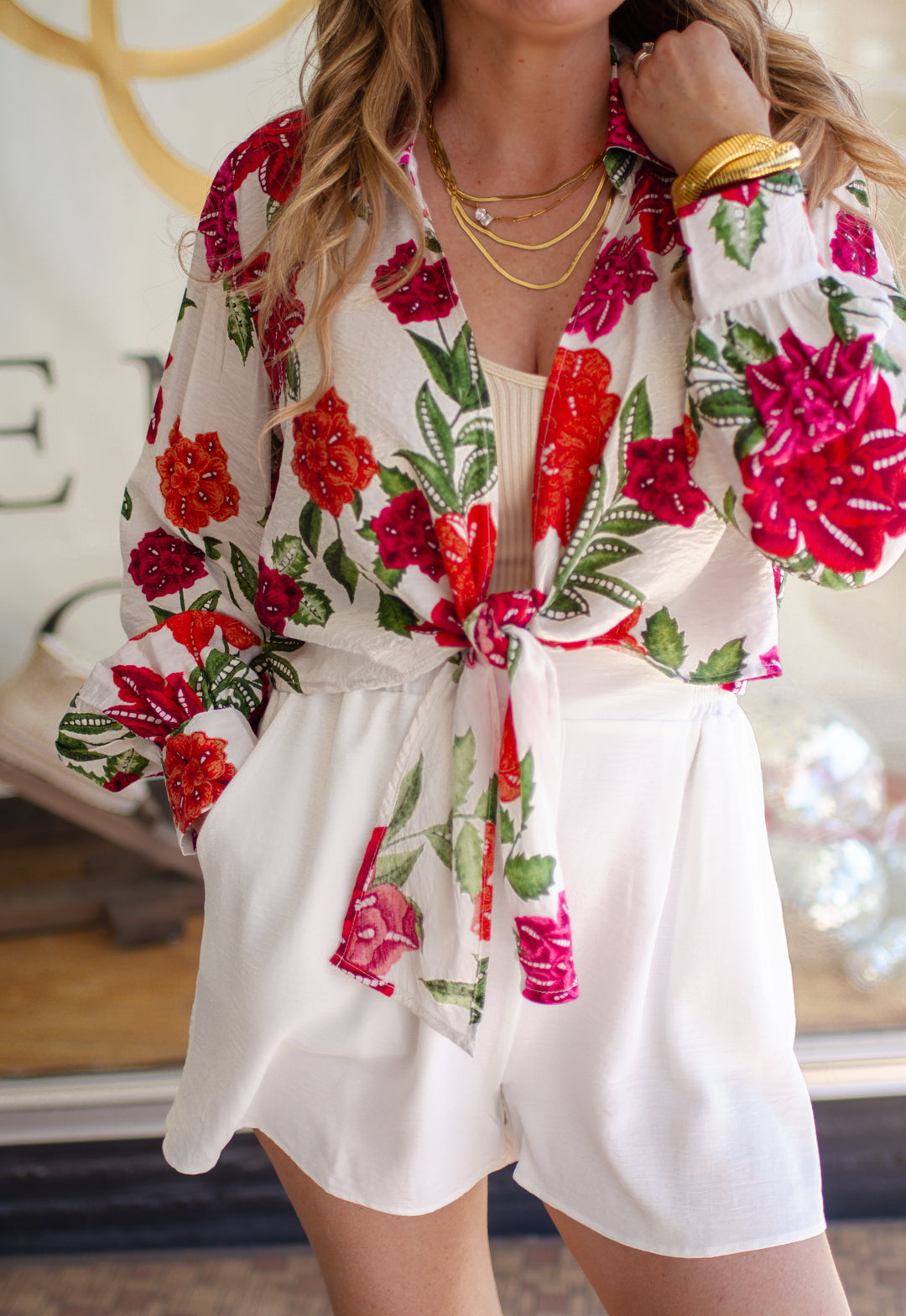 Bougainvillea Beauty Tie Front Long Sleeve Top in Fuchsia