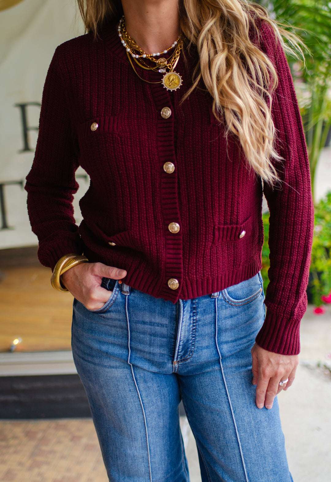 Stylish Moments Gold Button Detailed Sweater Top in Burgundy