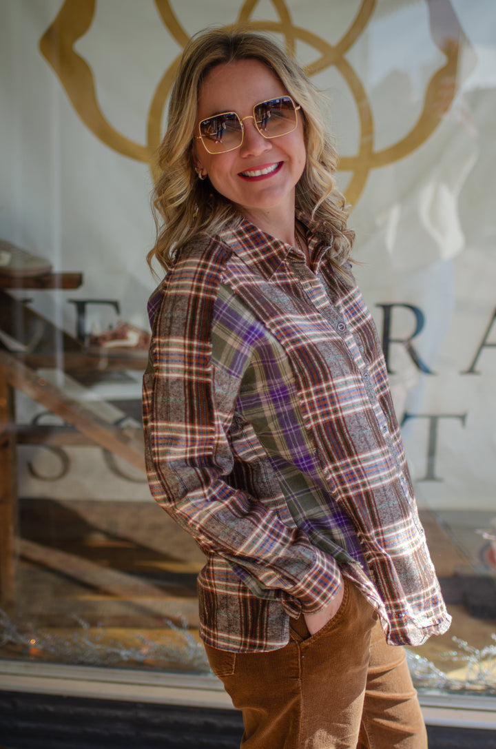 Fall In Love Plaid Button Down Top in Mocha