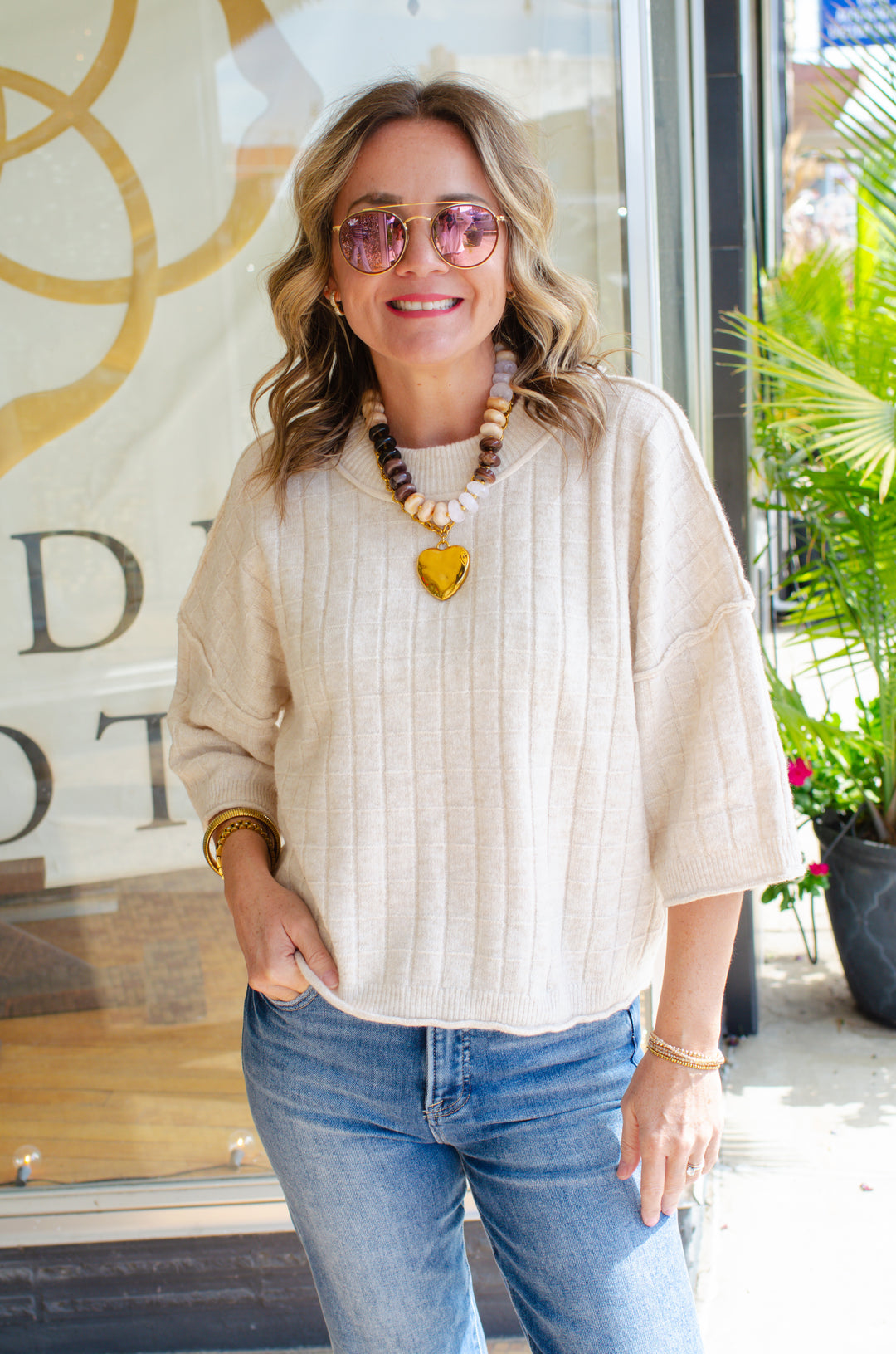 Perfect Fall Short Sleeve Textured Sweater Top in Oatmeal