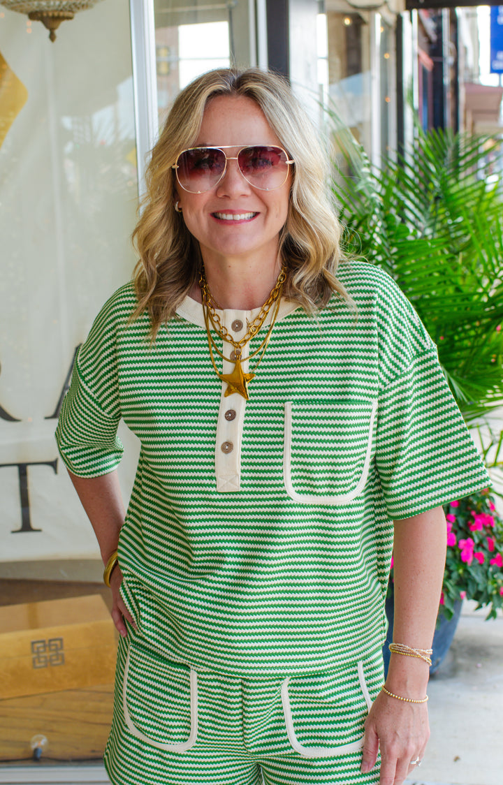 Pure Luck Green Stripe Button Down Pocket Top