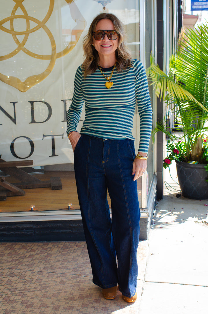 Denim Dreamer Wide Leg Seam Front Dark Denim Pants