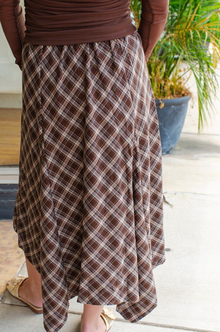 Only Time Will Tell Plaid Midi Skirt in Brown Mix