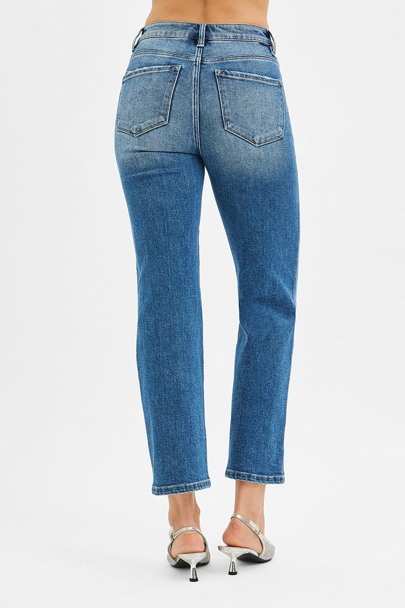 Risen Tummy Control High Rise Crop Straight Jeans in Medium Wash