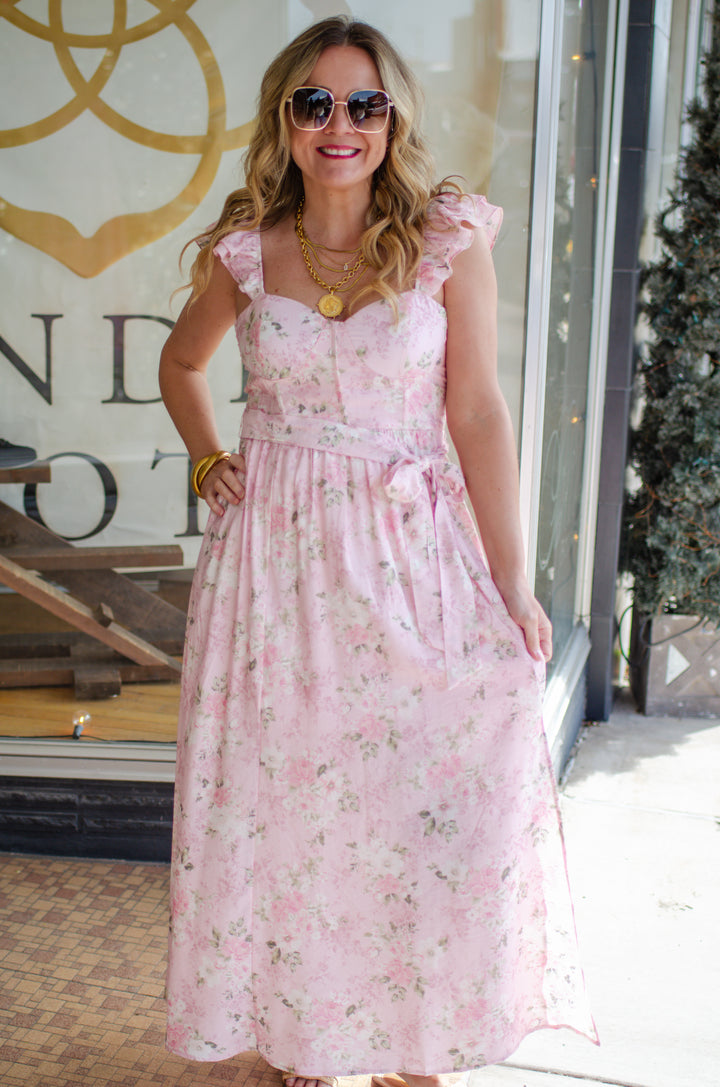 Luxembourg Gardens Pink Floral Corset Top Midi Dress