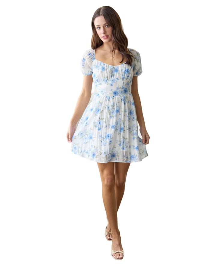 Tea Time Floral Corset Top Tie Back Dress in Blue