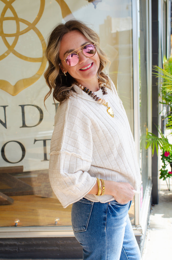 Perfect Fall Short Sleeve Textured Sweater Top in Oatmeal