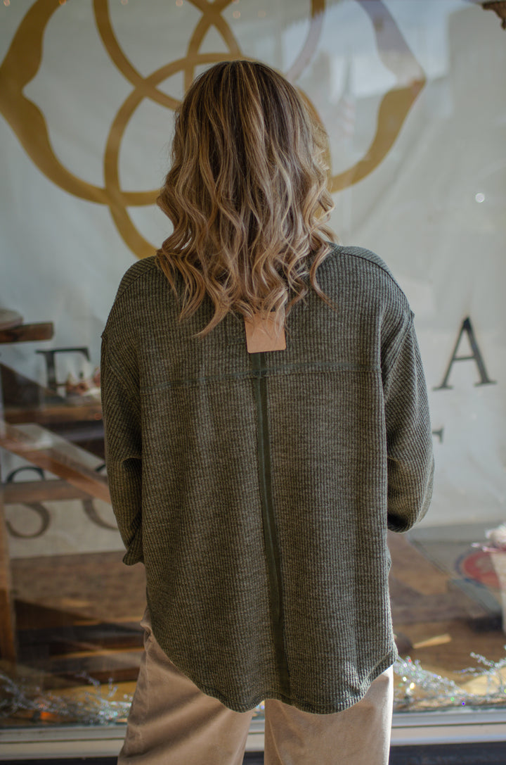 Our Love V-Neck Long Sleeve Side Cut Top in Olive