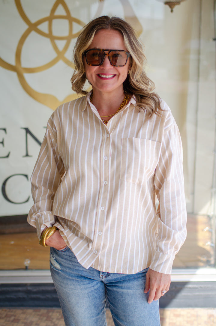 Fall Classic Stripe Button Down Boyfriend Top in Taupe