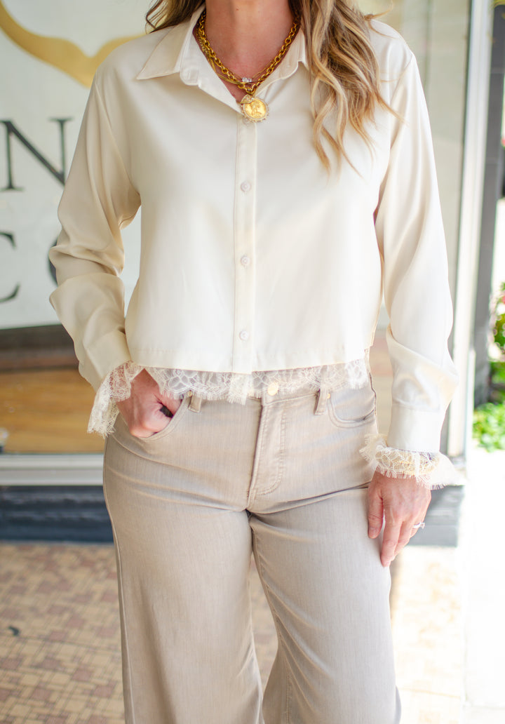 Fall Romance Lace Hem Button Down Collared Champagne Top