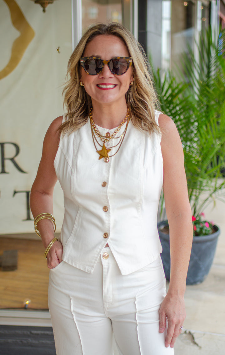 Make A Statement Gold Button Down Sleeveless Denim Vest in White