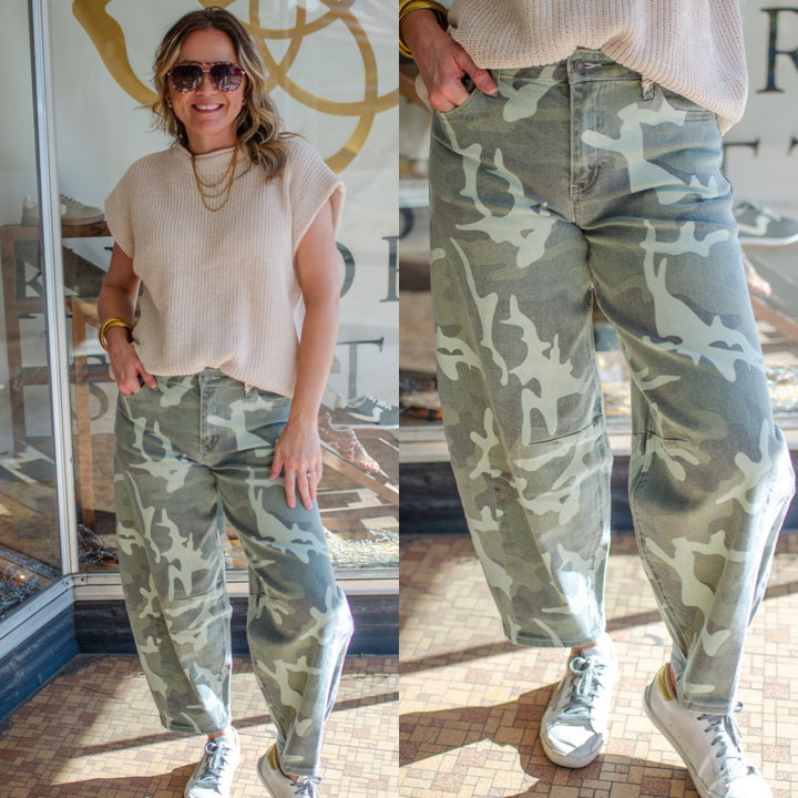 Kancan Camo High Rise Barrel Fit Jeans