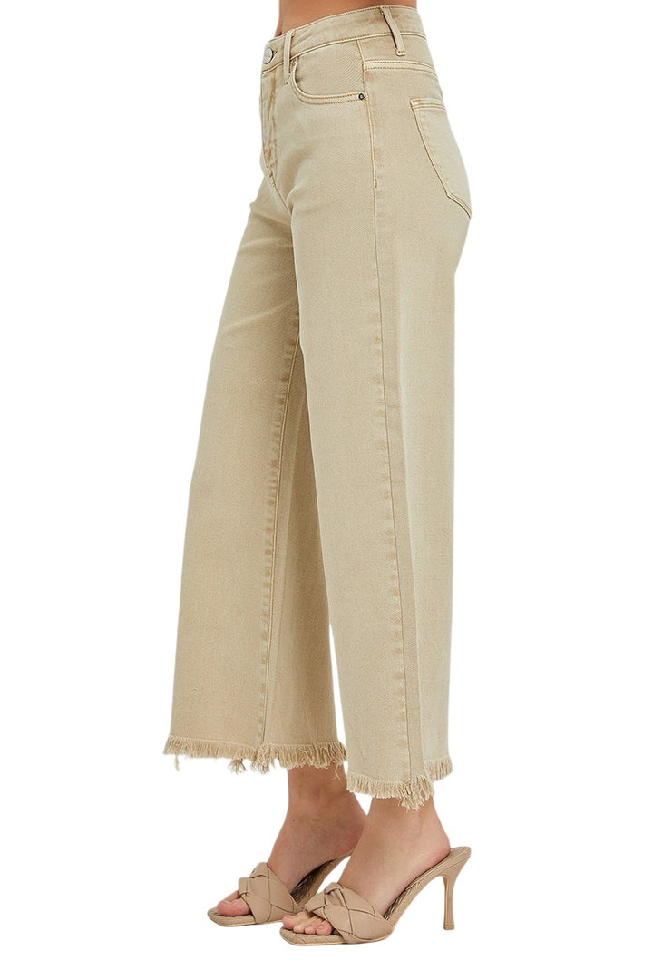 Risen High Rise Tummy Control Wide Crop Leg Jeans in Khaki