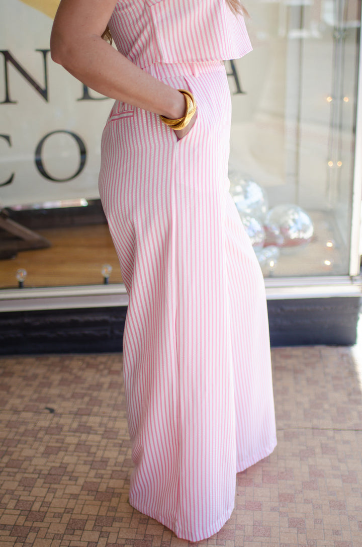 Day Stroll Pink & White Seersucker Stripe Wide Leg Pant