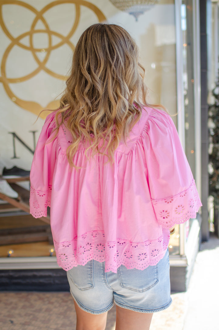 Darling Eyelet Lace Bubble Sleeve Blouse in Pink
