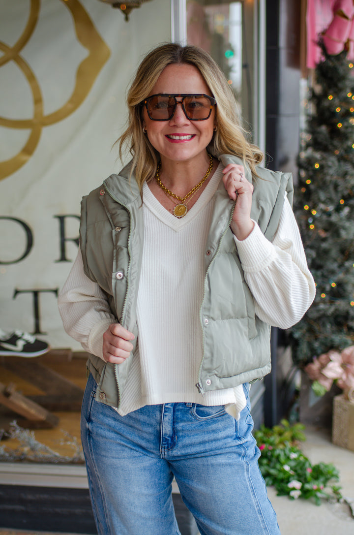 Classic Statement Puffer Vest in Sage