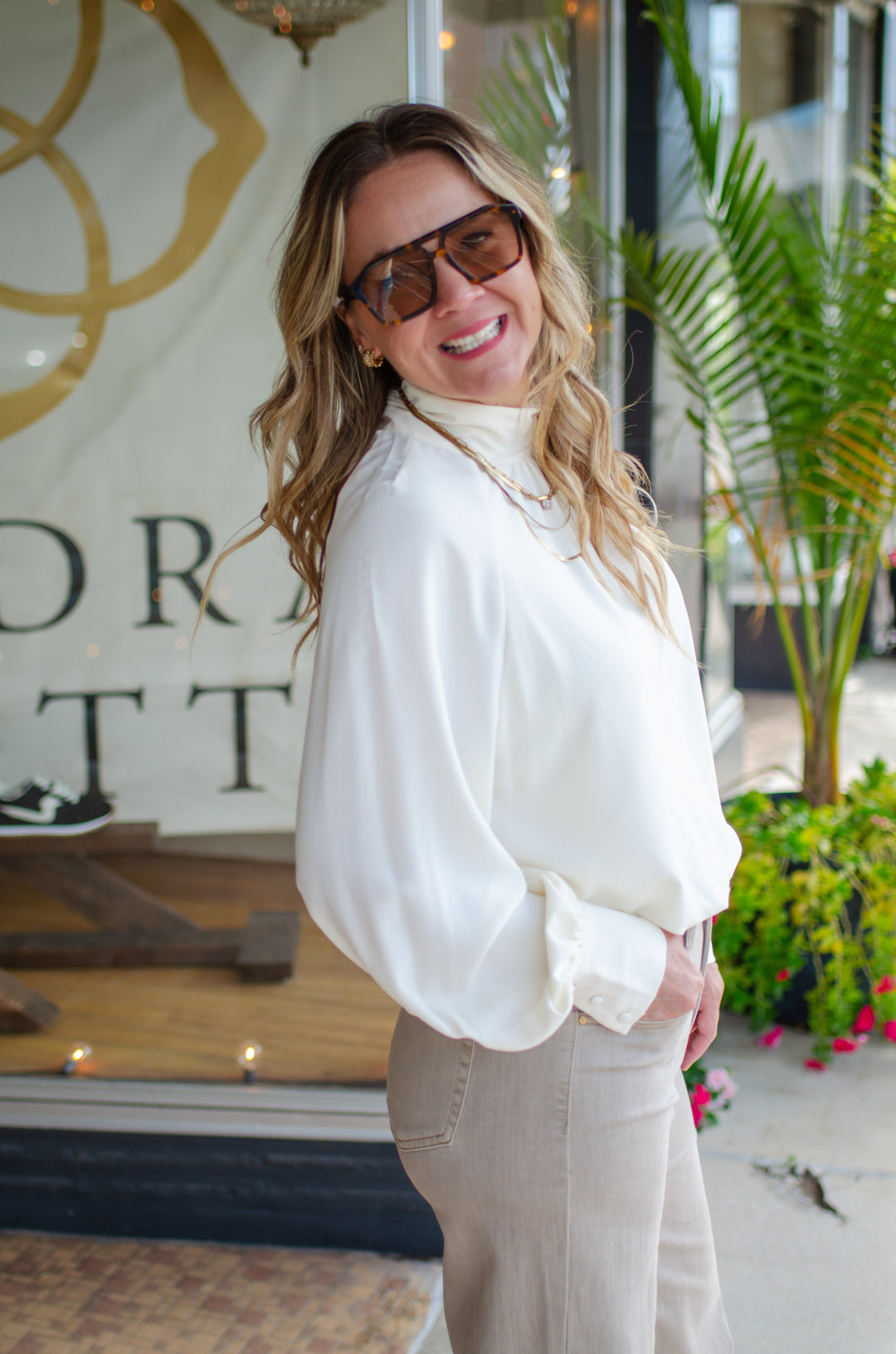 Take Your Time High Necklace Bubble Hem Long Sleeve in Cream