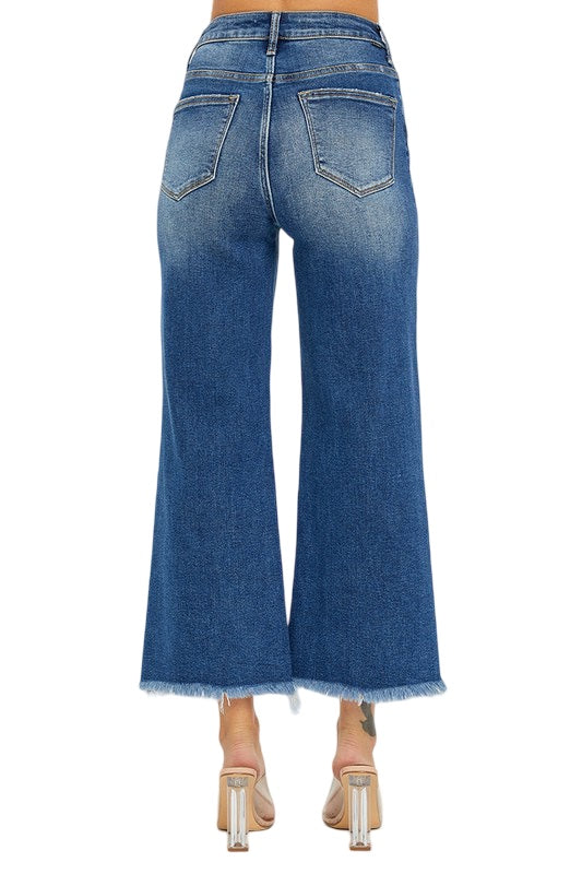 Risen High Rise Frayed Ankle Wide Leg Jeans in Dark Wash