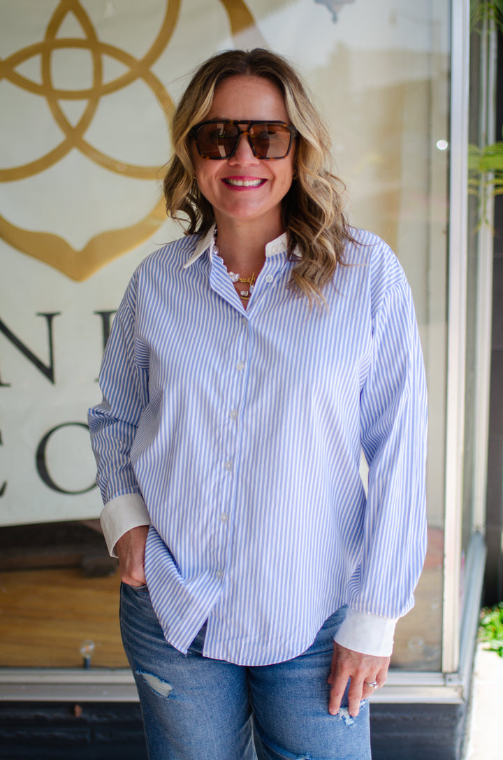 Make My Day Stripe Button Down Collared Top in Light Blue
