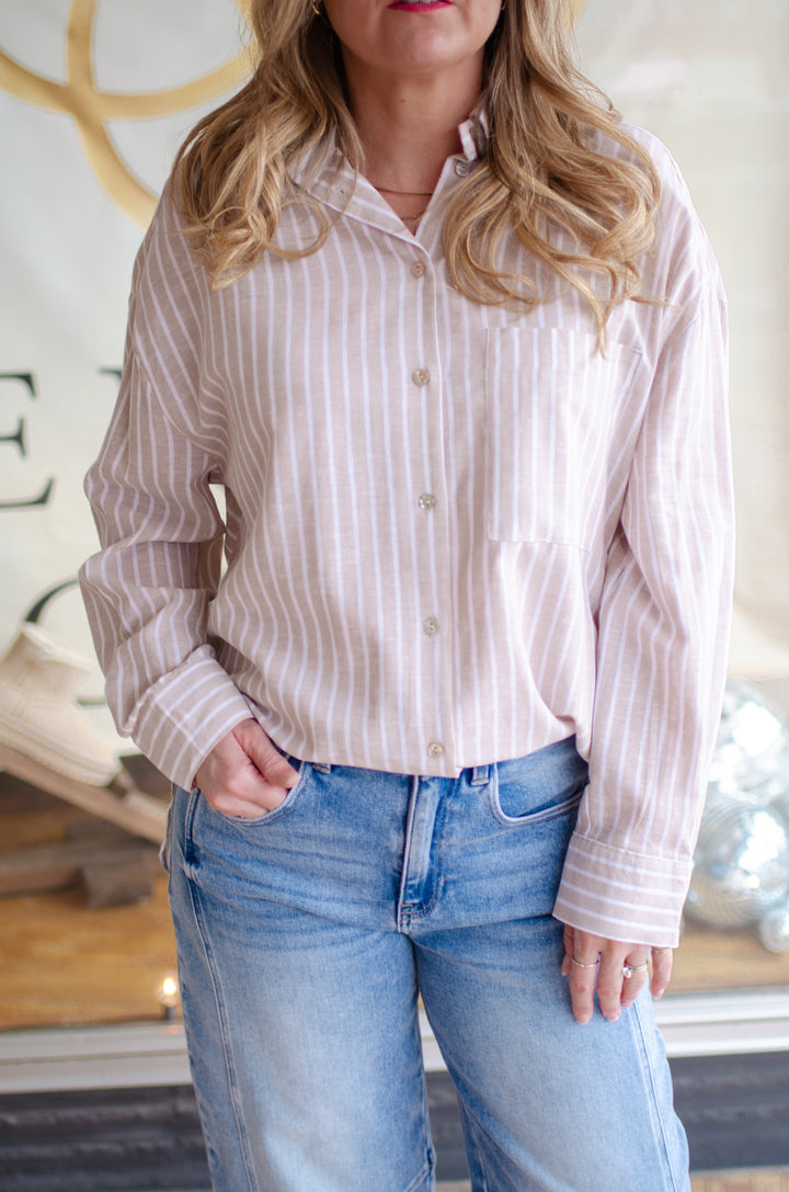 Perfect Preppy Button Down Collared Top in Beige