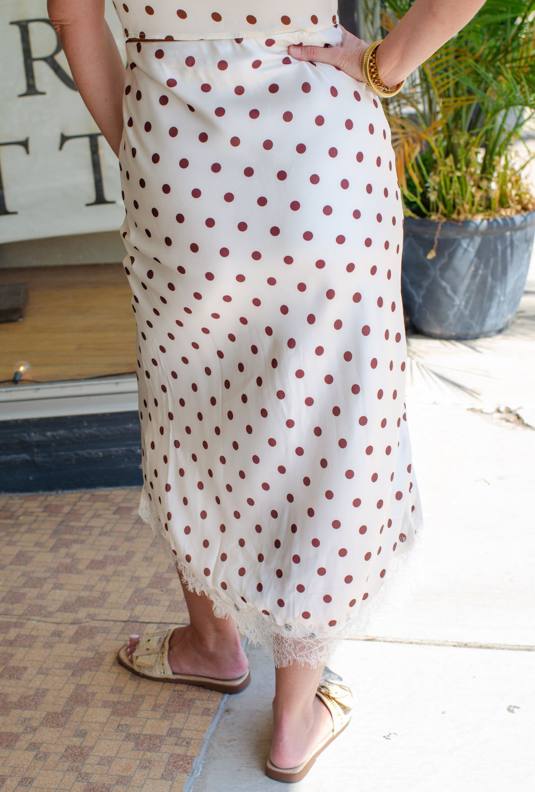 Take Me Away Cream & Chocolate Polka Dot Midi Skirt with Lace Hem