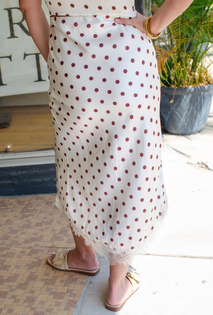 Take Me Away Cream & Chocolate Polka Dot Midi Skirt with Lace Hem