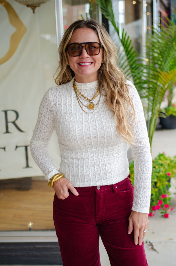 Stripe Floral Jacquard Mock Neck Long Sleeve Top in Ivory