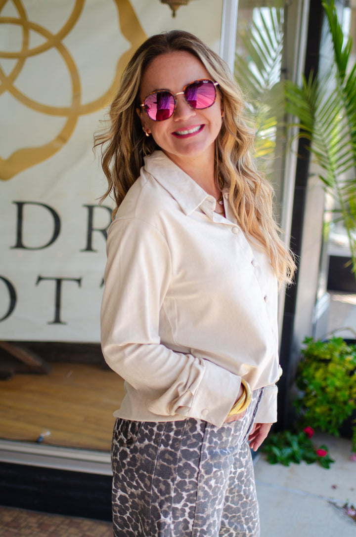 Chic Date Night Suede Like Button Down Top in Cream
