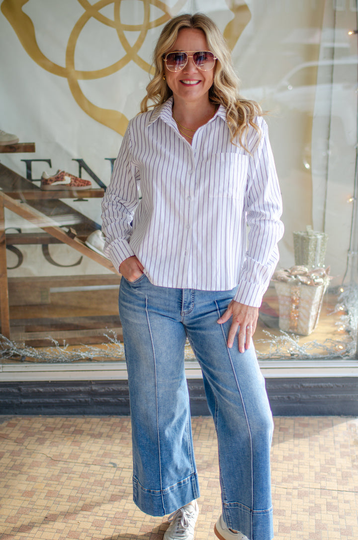 Sophisticated Stripe Button Down Collared White Blouse