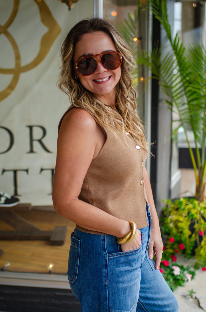 Classic Style Button Down Top in Dark Taupe