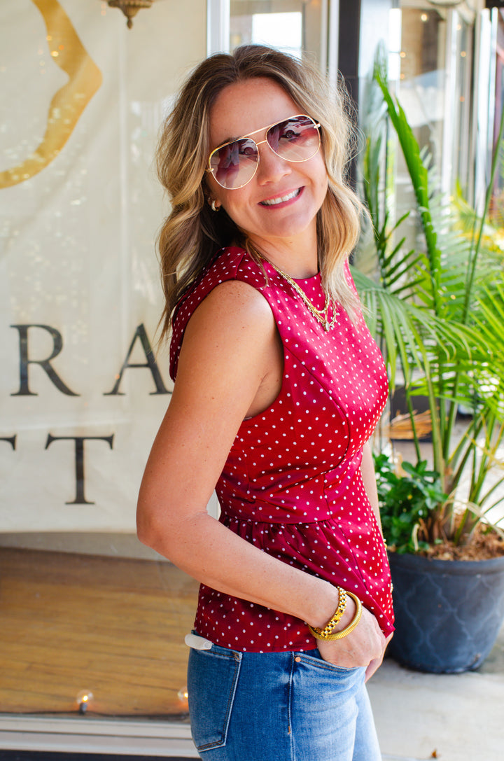 Listen To Your Heart Satin Polka Dot Peplum Top in Burgundy