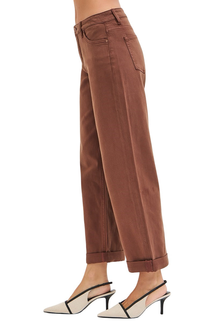 Risen Tummy Control Mid Rise Ankle Barrel Relaxed Baggy Jeans in Chocolate