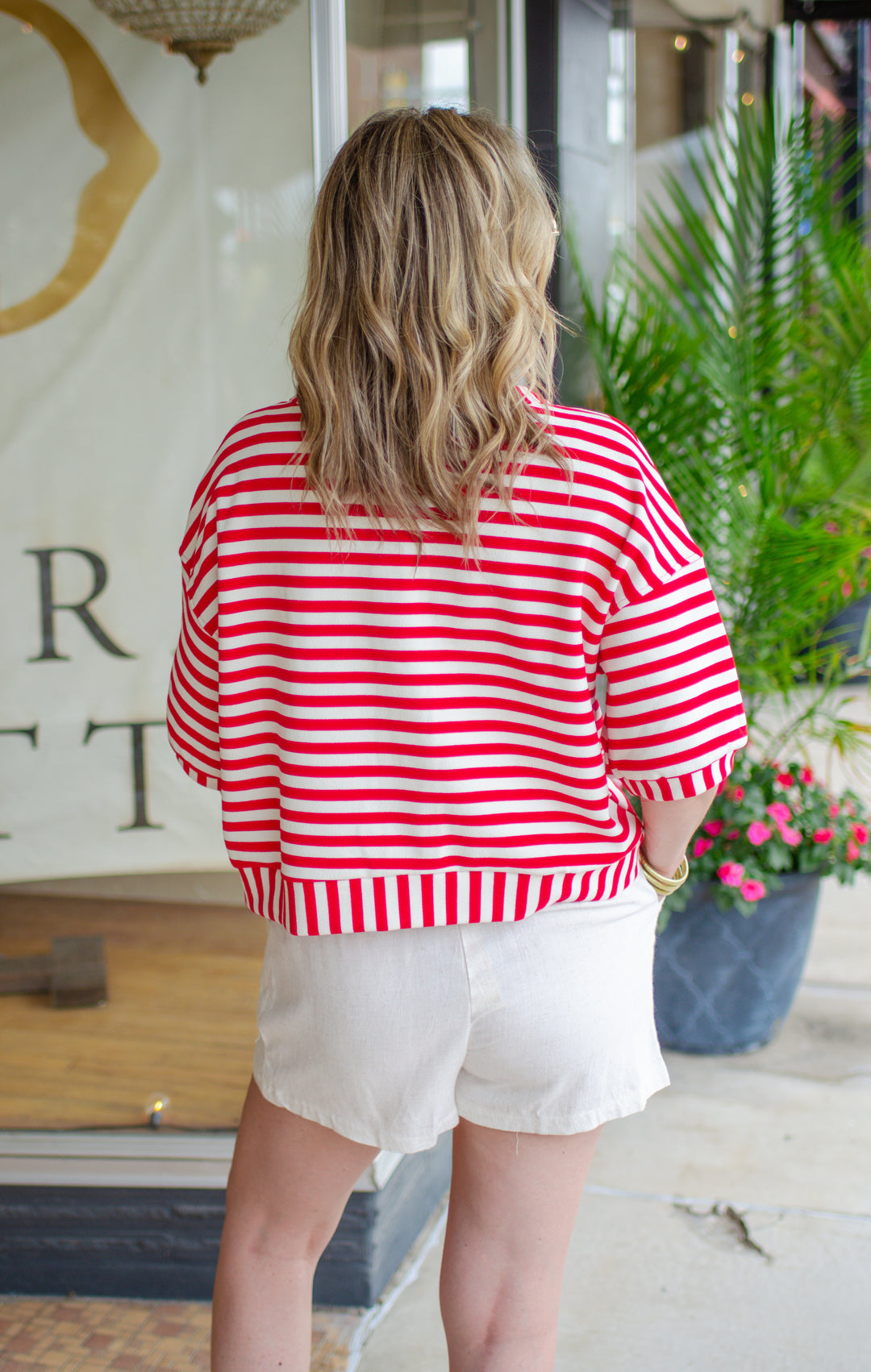 Bold Moments Stripe Pocket Short Sleeve Top in Red
