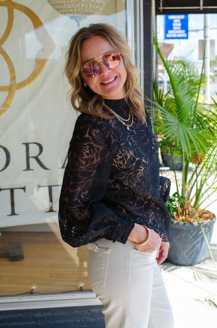 Primrose High Neckline Textured Floral in Black