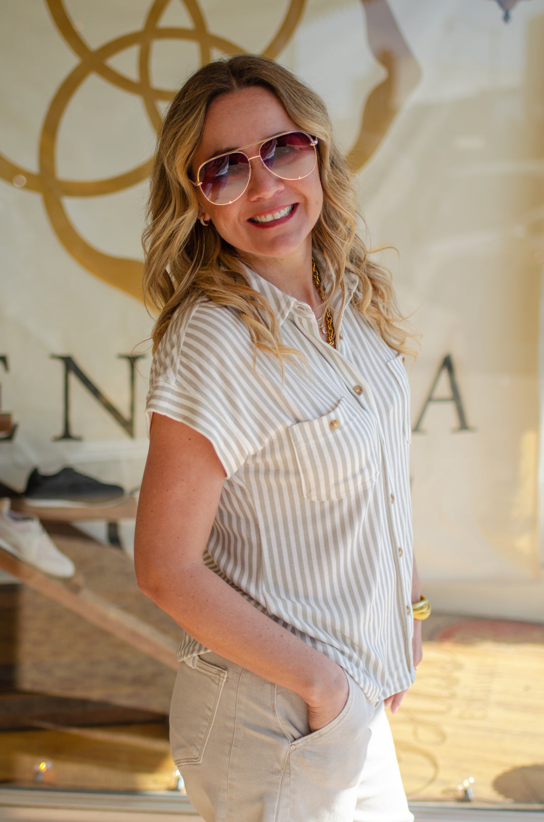 Perfect Stripe Button Down Soft Knit Top in Light Sage