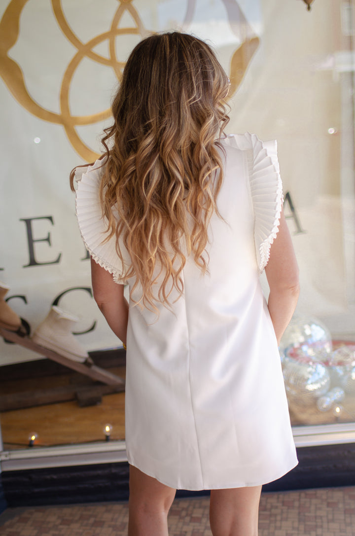 Showing Out Accordion Pleated Shoulder Dress in White