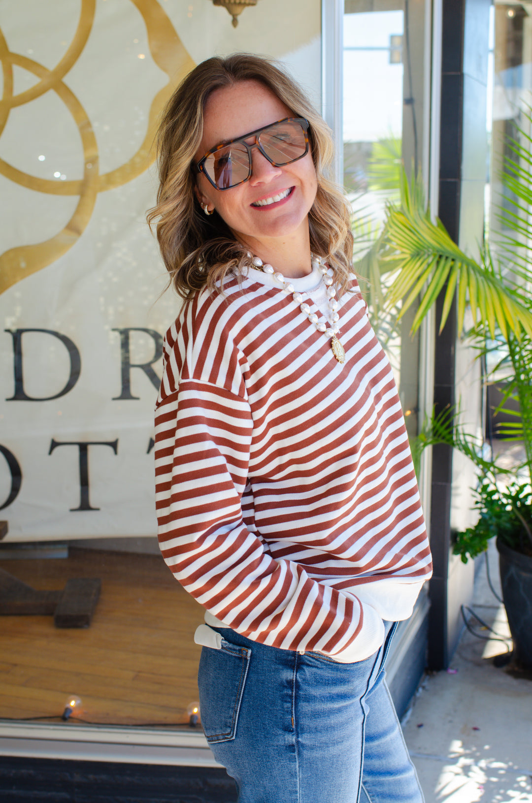 Cozy Casual Stripe Sweatshirt in Cream & Brown