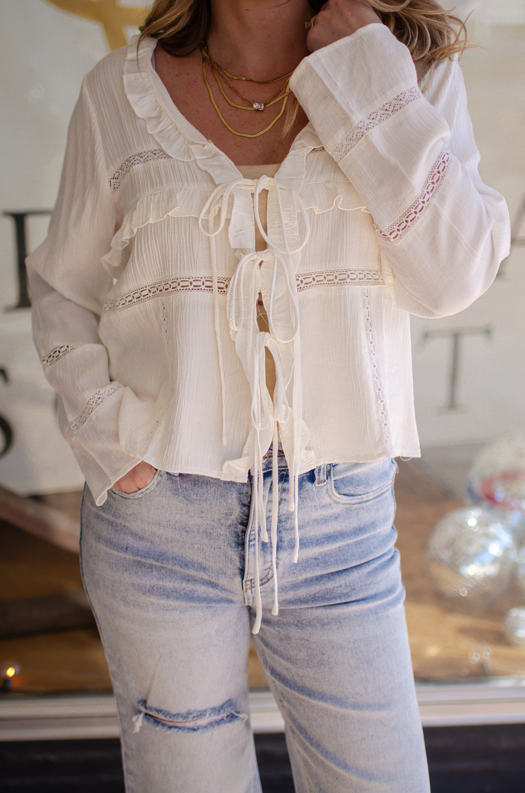 Turn To You Crochet Lace Detailed Tie Front Blouse in White