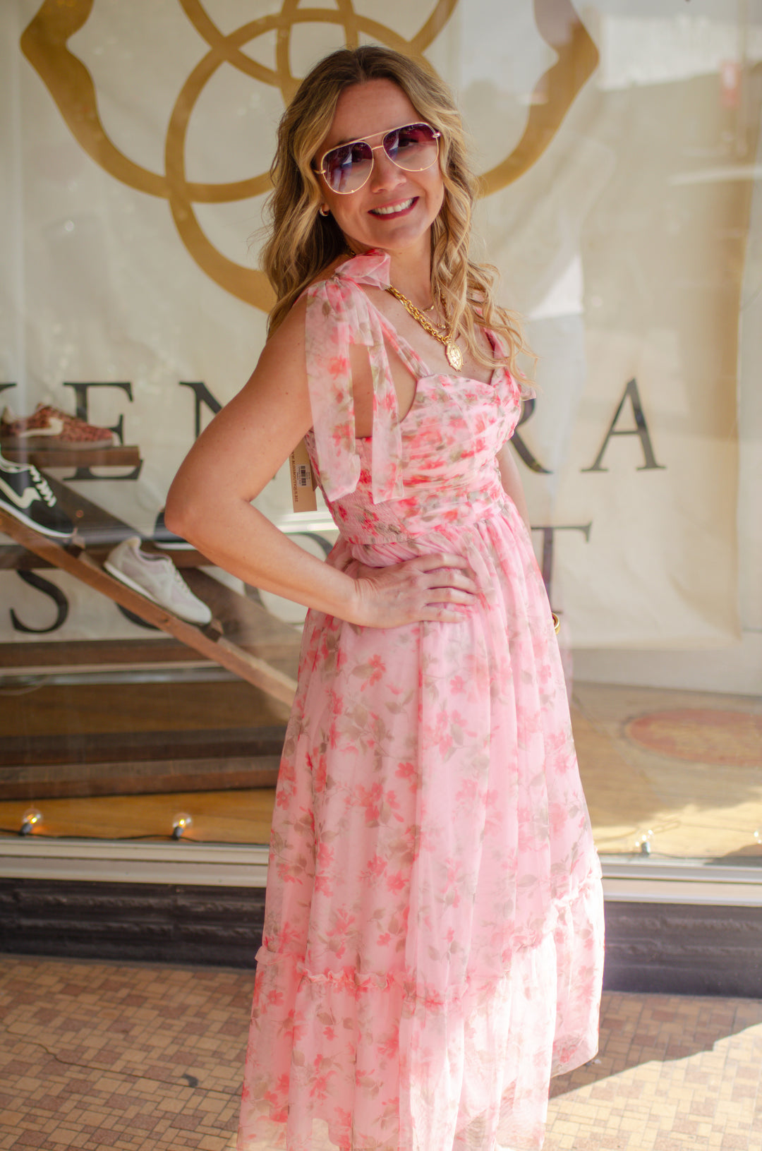 Stunning Moment Pink Floral Tull Tie Shoulder Midi Dress