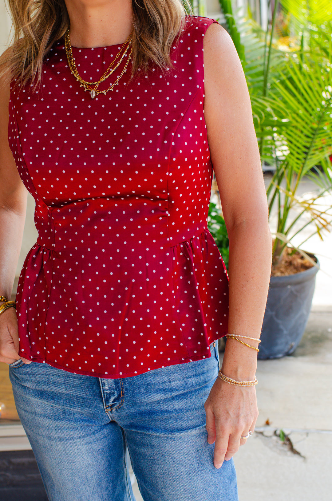Listen To Your Heart Satin Polka Dot Peplum Top in Burgundy