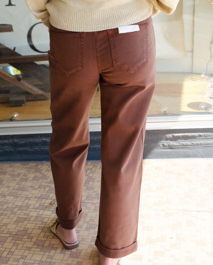 Risen Tummy Control Mid Rise Ankle Relaxed Baggy Barrel Pants in Cocoa