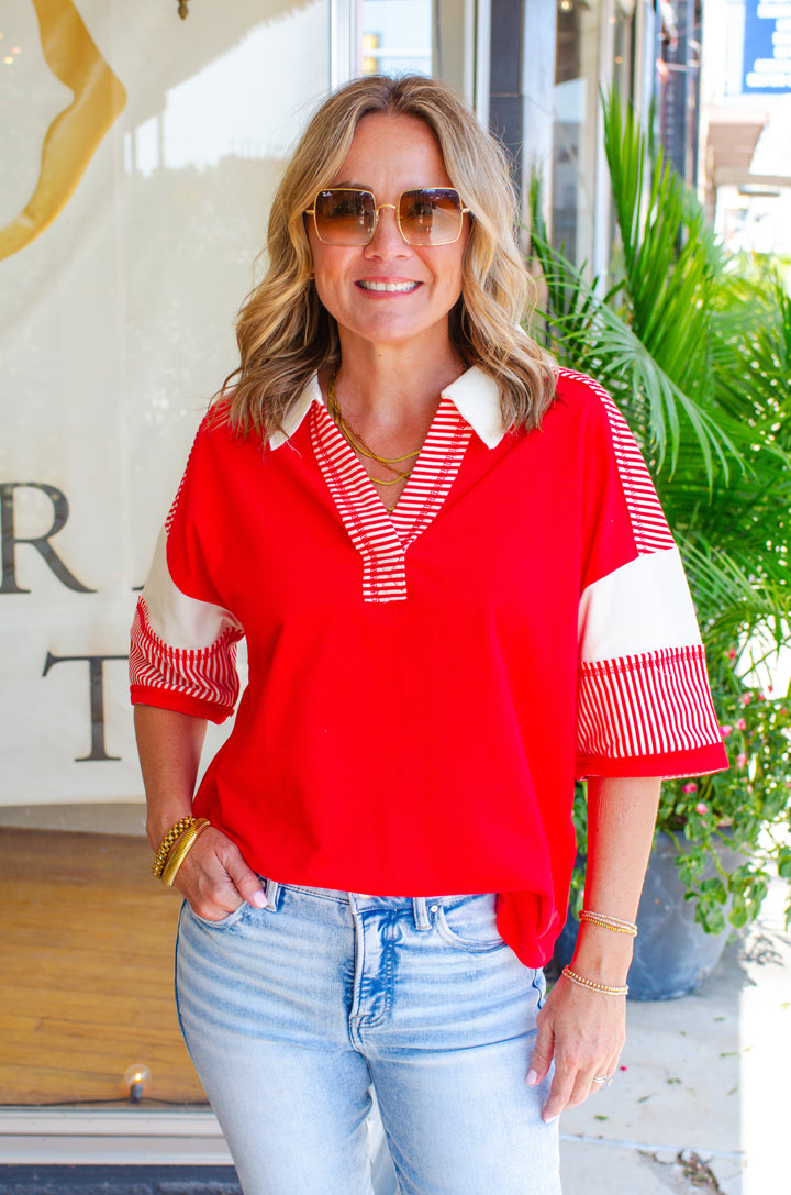 Comfort in You Stripe V-Neck Top in red & cream