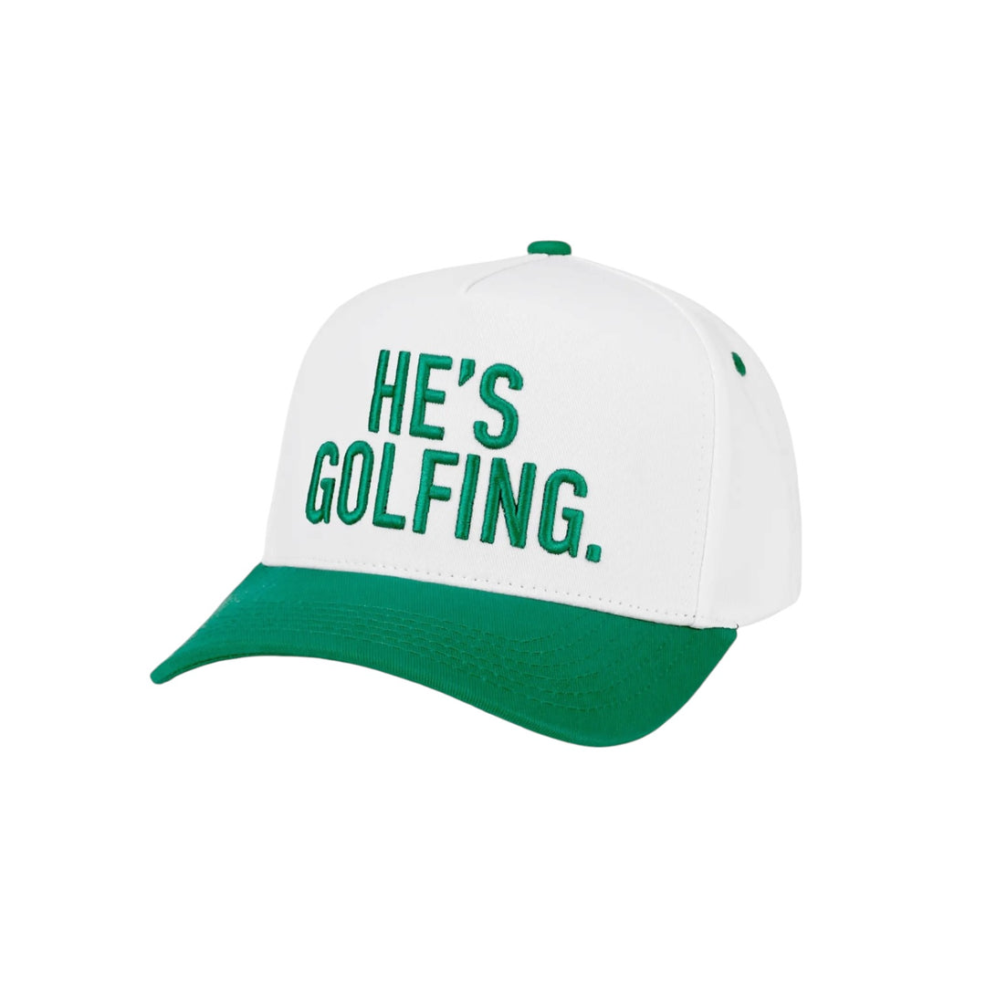 He's Golfing Embroidered Two-Tone Trucker Hat in Green