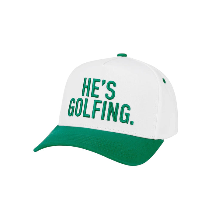 He's Golfing Embroidered Two-Tone Trucker Hat in Green