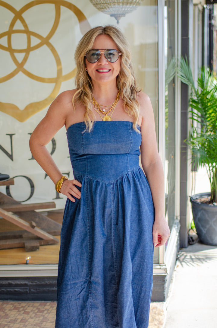 Simply Charmed Denim Strapless Midi Dress in Dark Wash