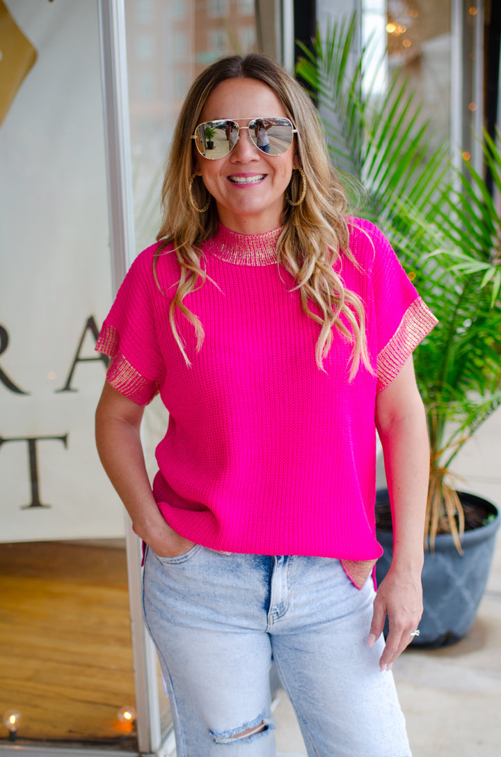 Behold My Love Fuchsia Knit Tank with Metallic Gold Detail