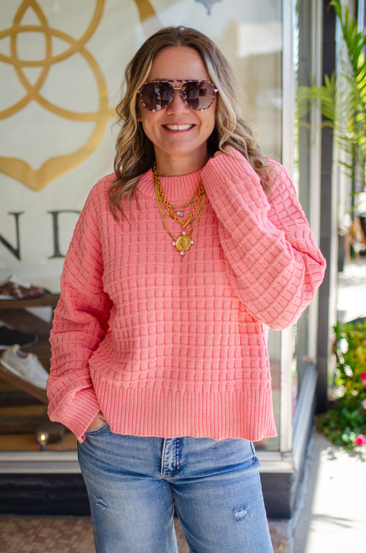 Take It Easy Textured Knit Sweater in Coral