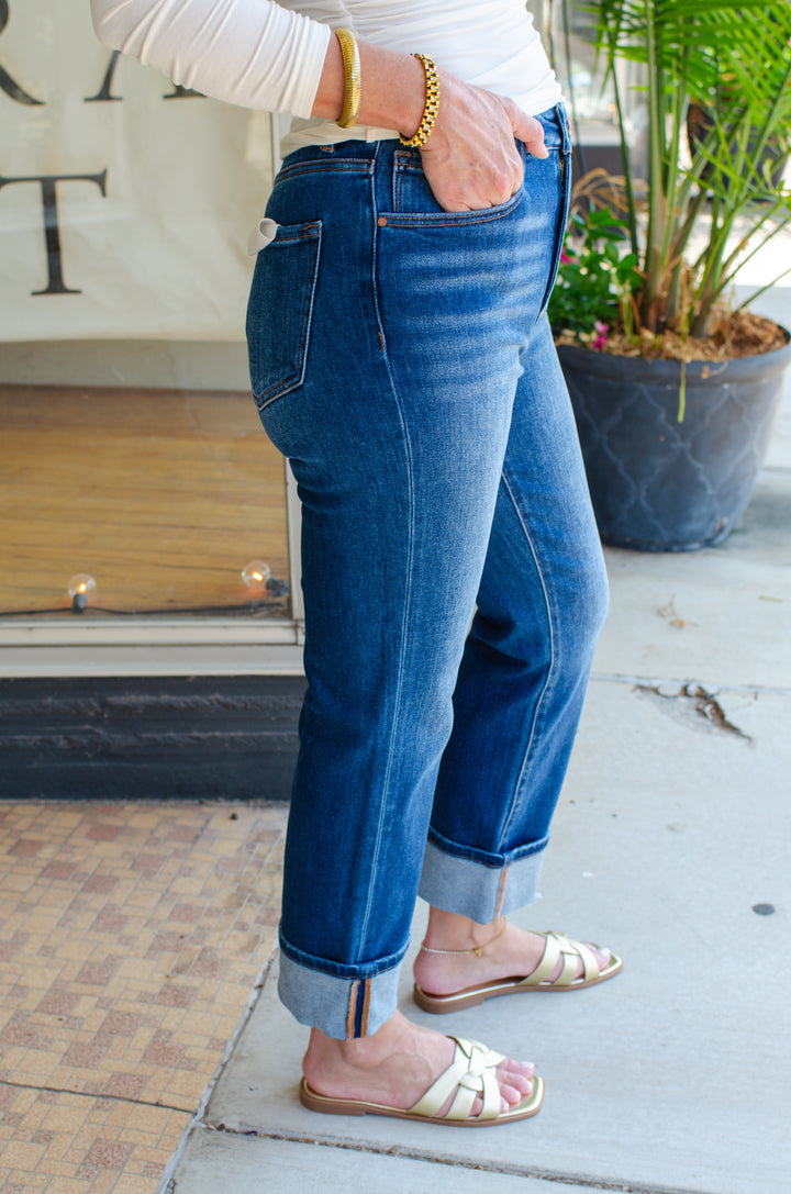 Risen High Rise Ankle Straight Cuffed Jeans in Dark Wash