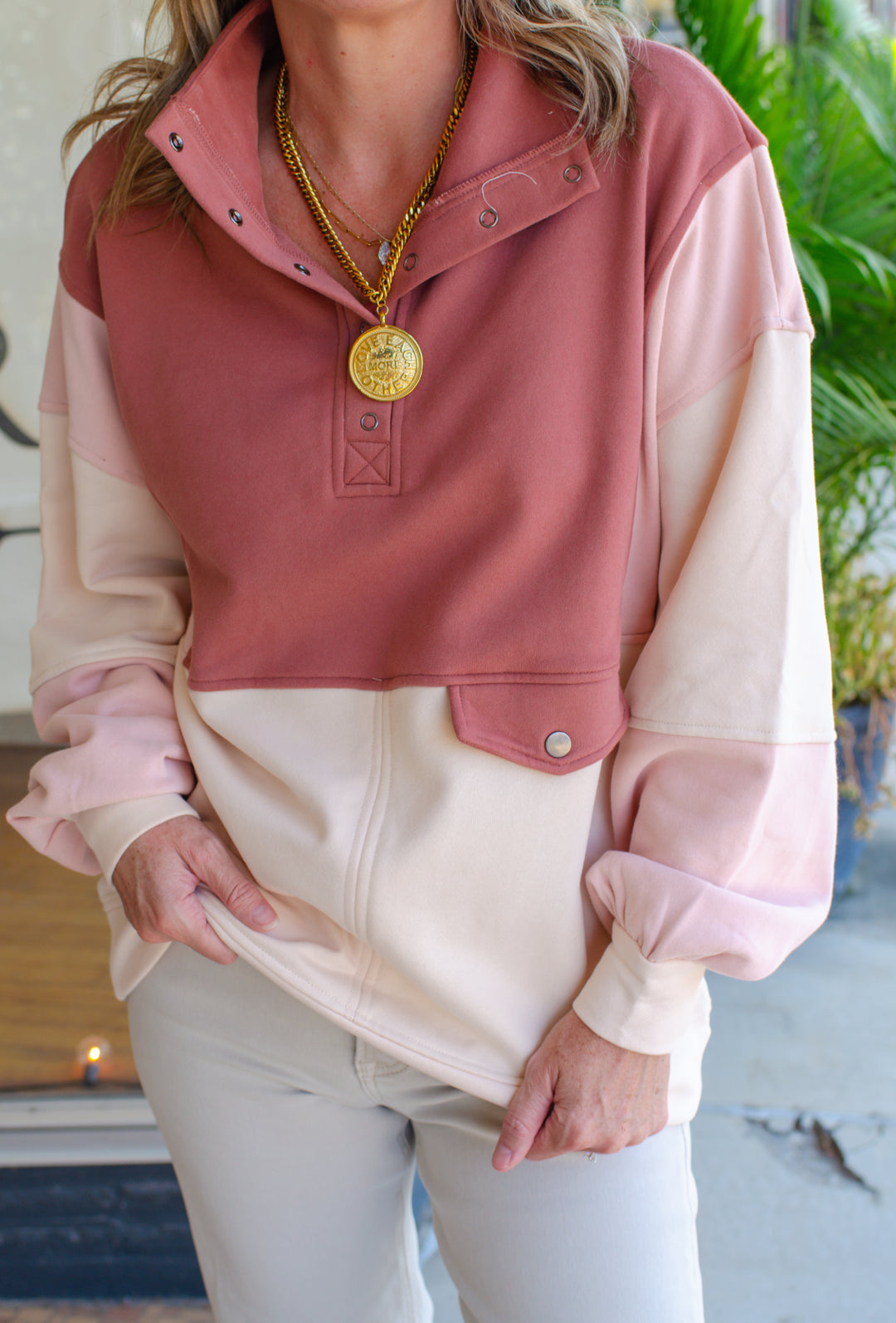 Fall Moments Color Block Oversized Pullover in Brick